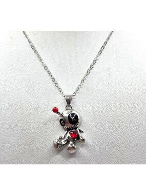 Voodoo Doll Pendant Necklace With Red Gem Heart & Black Details On Silver Chain